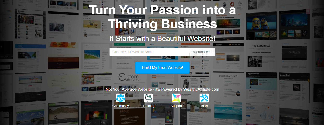 Image showing SiteRubix Free Websites Creator landing page with text 'turn your passion into a thriving business - it starts with a beautiful website.