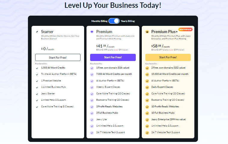 image showing the landing page of the wealthy affiliate program pricing.